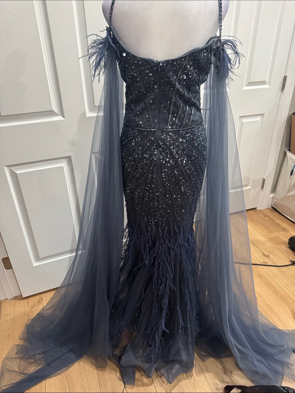 Embellished Navy Evening Gown with Feather Trim - Picture 4 of 7